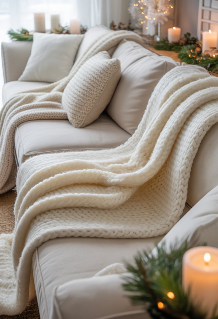 Living room with couches covered in creamy white knitted throw blankets and subtle winter holiday decorations.