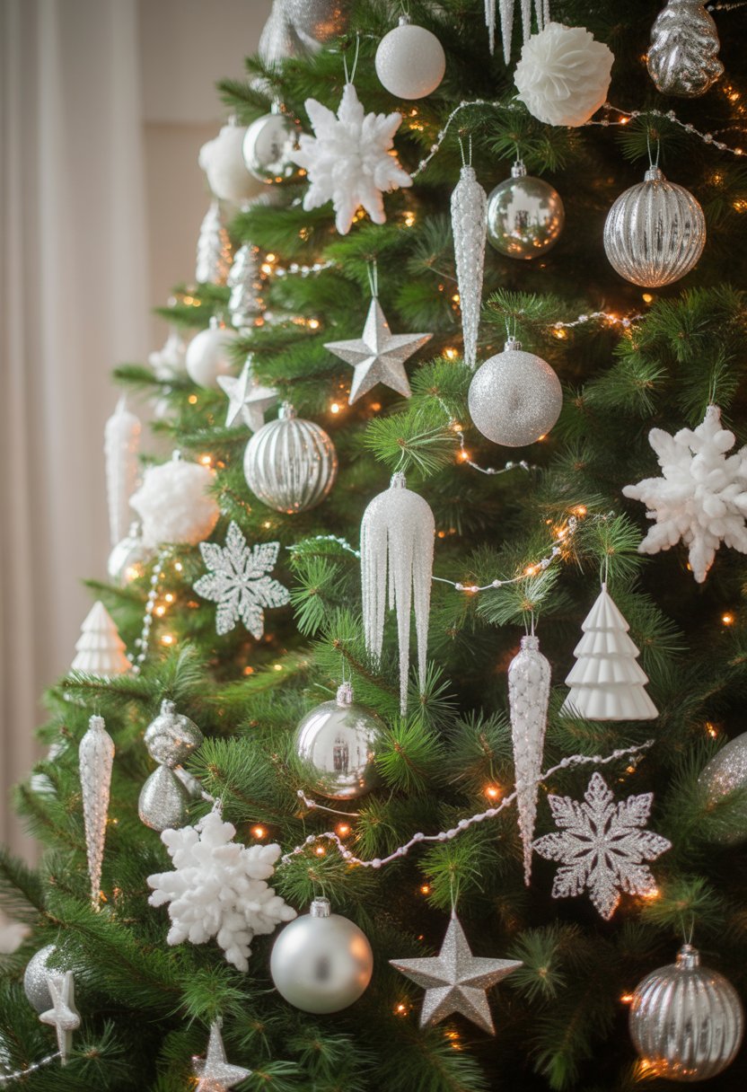 A Christmas tree decorated with white and silver ornaments including snowflakes, baubles, and stars.