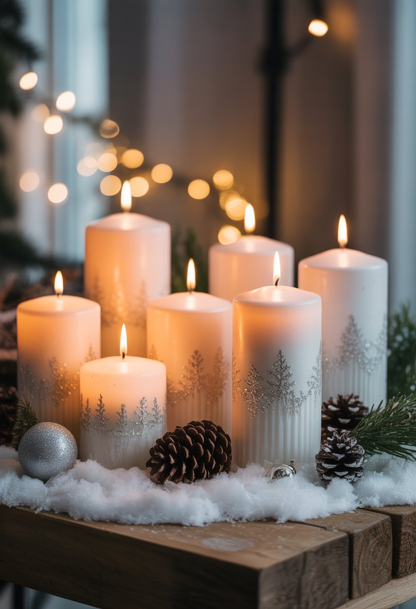Seven white pillar candles with frosted accents arranged on a wooden surface surrounded by pine cones, evergreen sprigs, and faux snow.