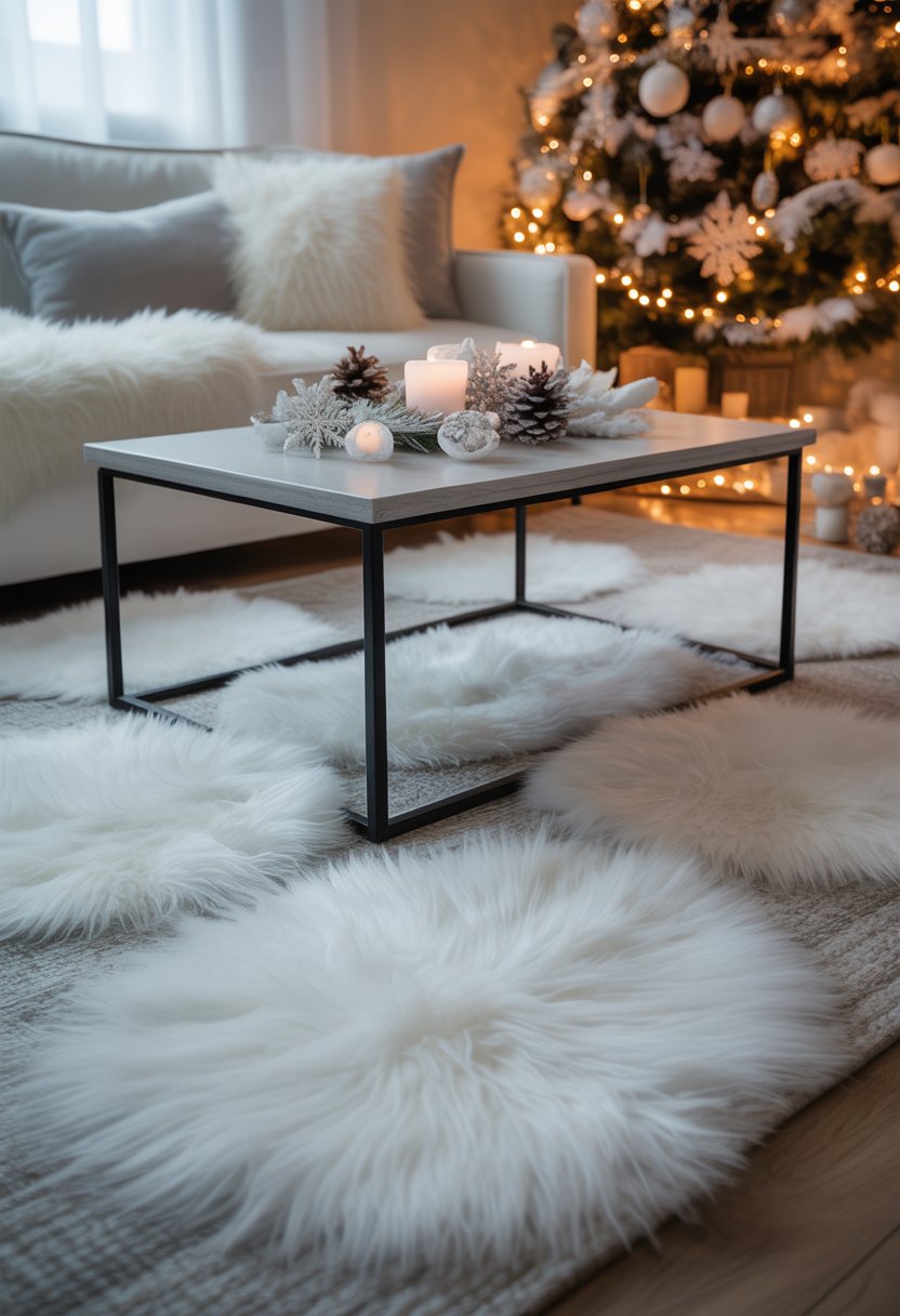 A cozy living room with a coffee table on white faux fur rugs and winter decorations including a Christmas tree and candles.