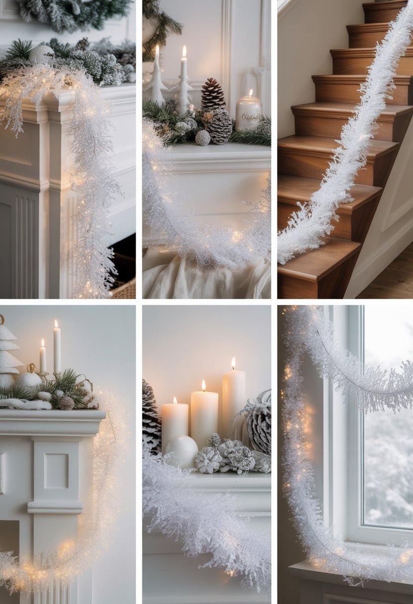 Seven white winter Christmas decorations featuring translucent garlands with subtle sparkle arranged in cozy indoor settings with candles, pinecones, and snow-dusted greenery.