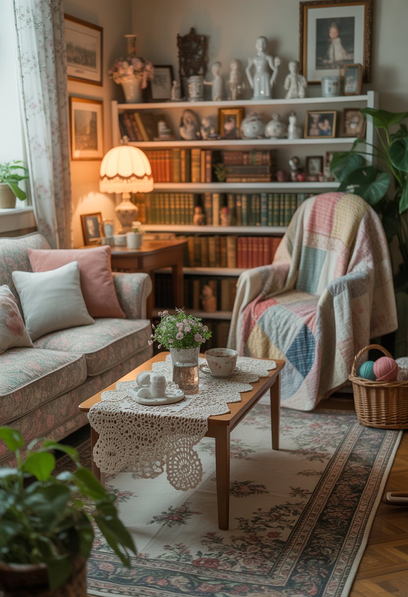 A cozy living room with a floral sofa, wooden coffee table, handmade crochet doilies, patchwork quilt on an armchair, shelves with books and family photos, warm lamp light, vintage rug, potted plants, and a knitting basket near a rocking chair.