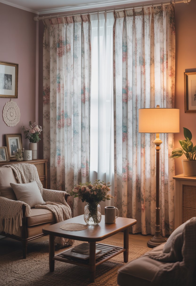 A cozy living room with floral curtains, pastel-colored walls, a comfortable armchair, wooden coffee table with flowers, and warm lighting.
