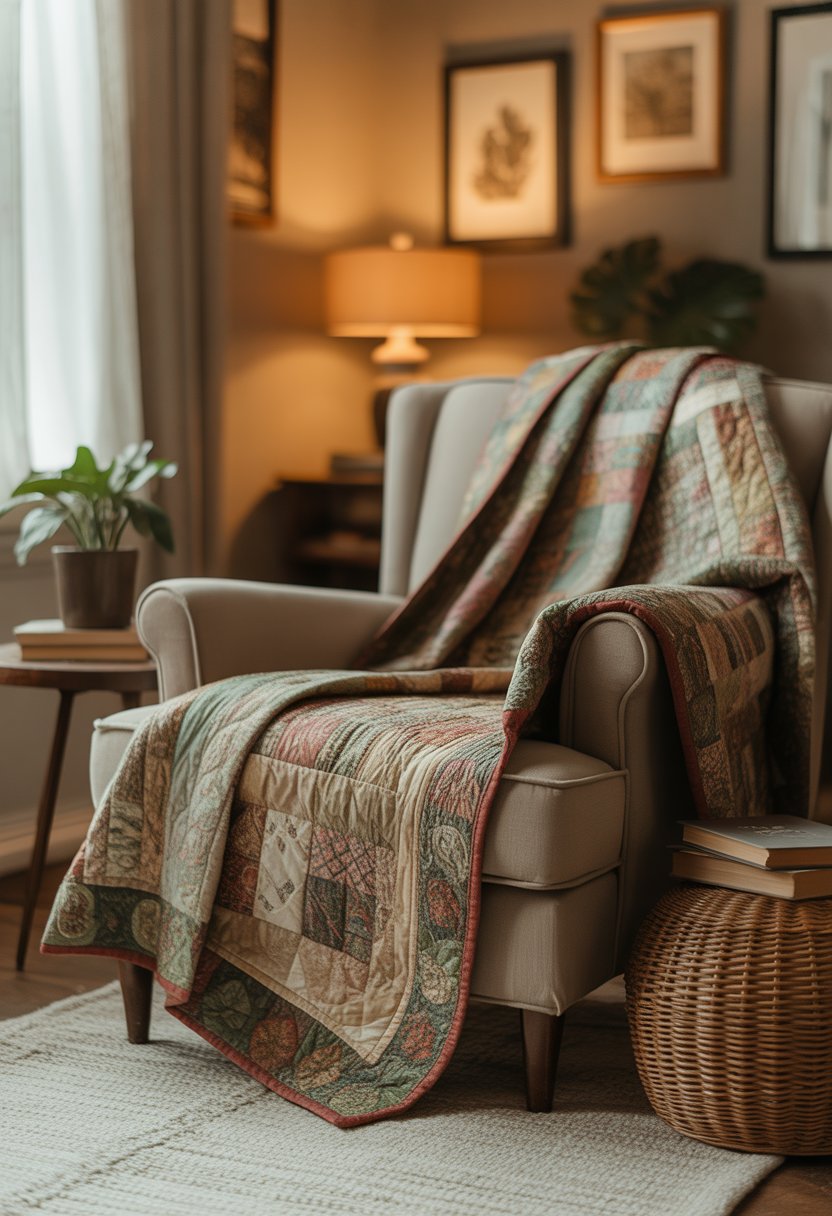 A cozy armchair with a vintage quilt draped over it in a warmly decorated living room.