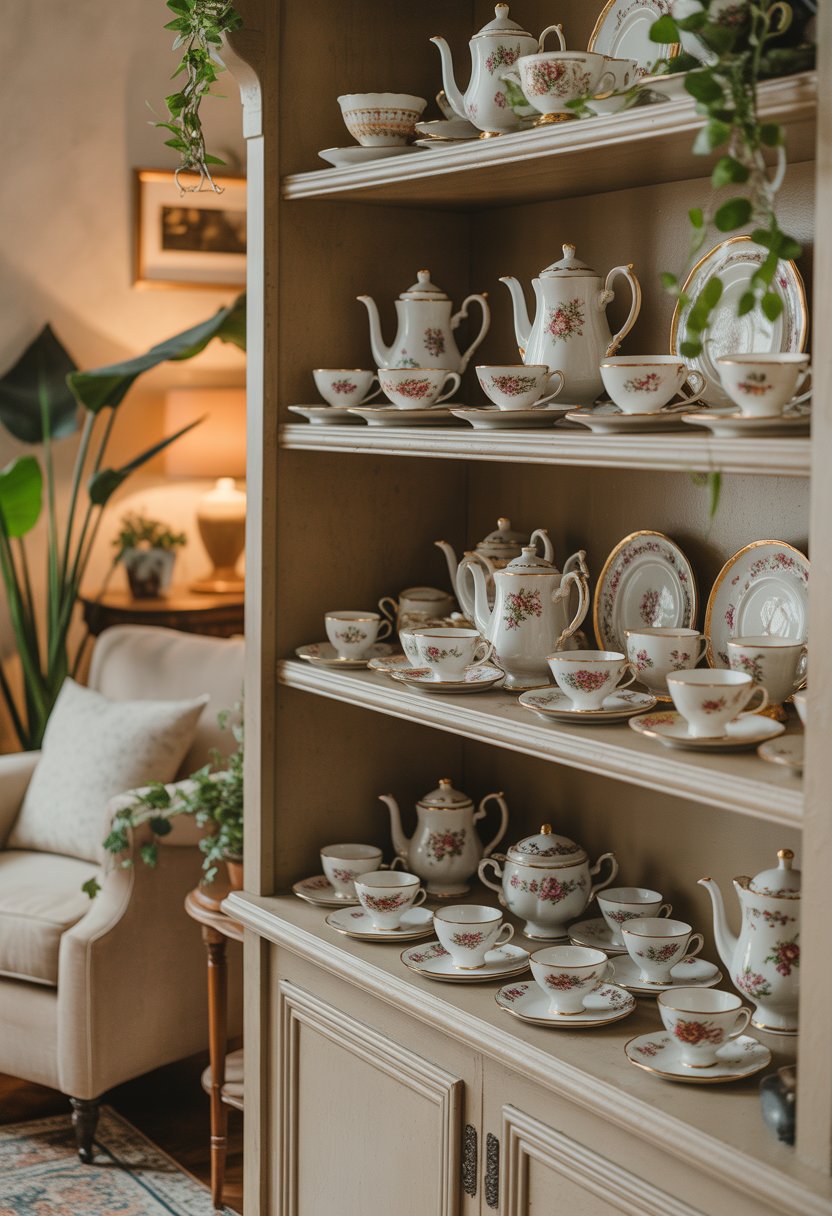Open shelves in a living room displaying antique porcelain tea sets including teacups, saucers, and teapots.