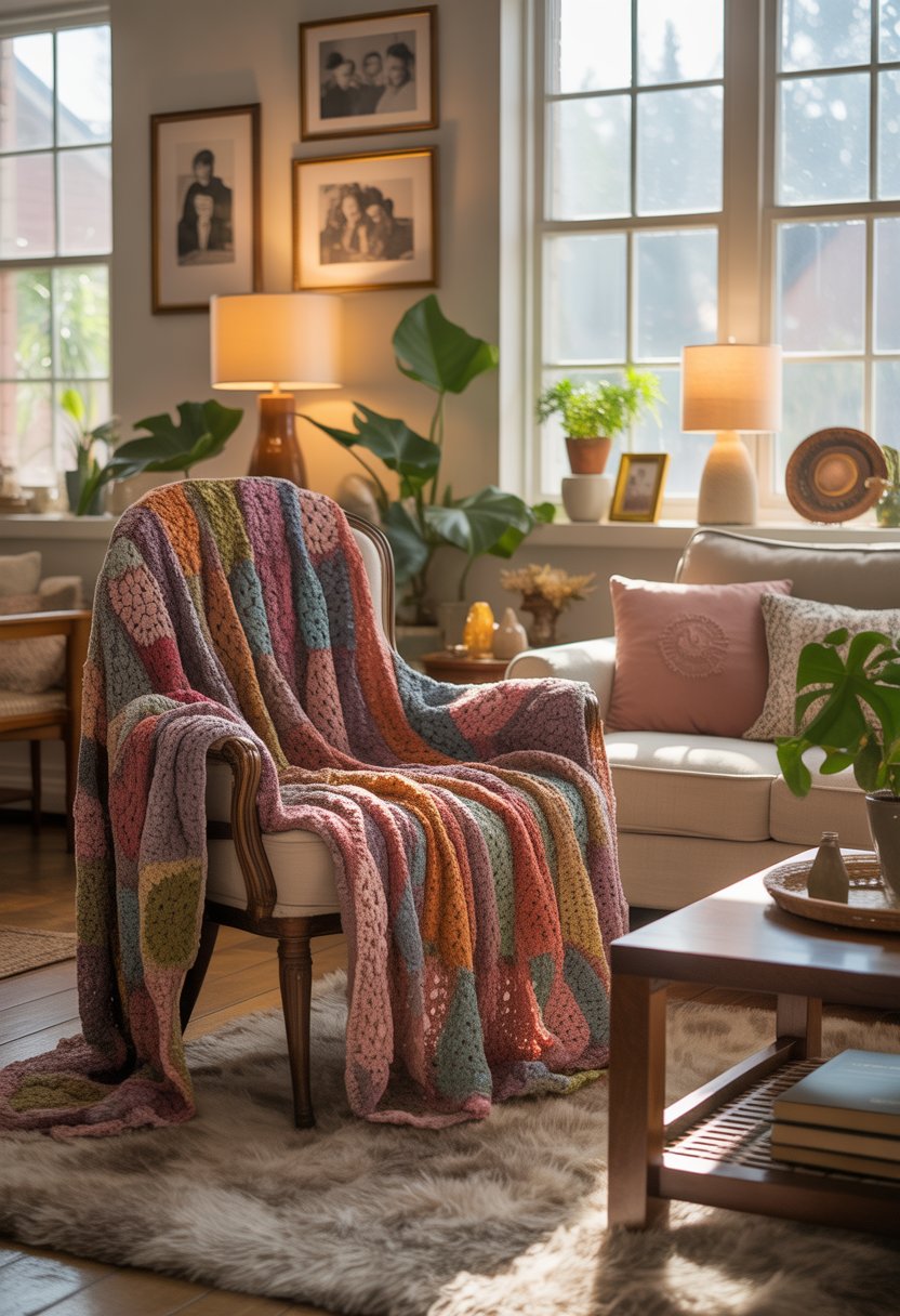 A cozy living room with a crochet throw blanket on a vintage armchair, surrounded by warm sunlight, plants, and nostalgic decorations.