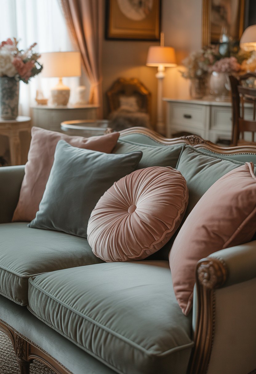 A living room with a sofa decorated with muted velvet cushions and warm, inviting decor.