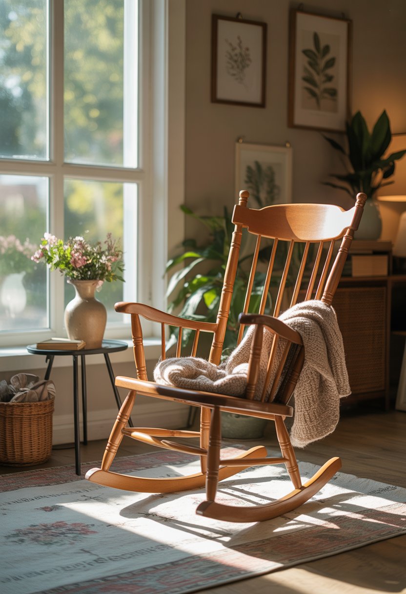 A wooden rocking chair near a sunny window in a cozy living room with plants and soft natural light.