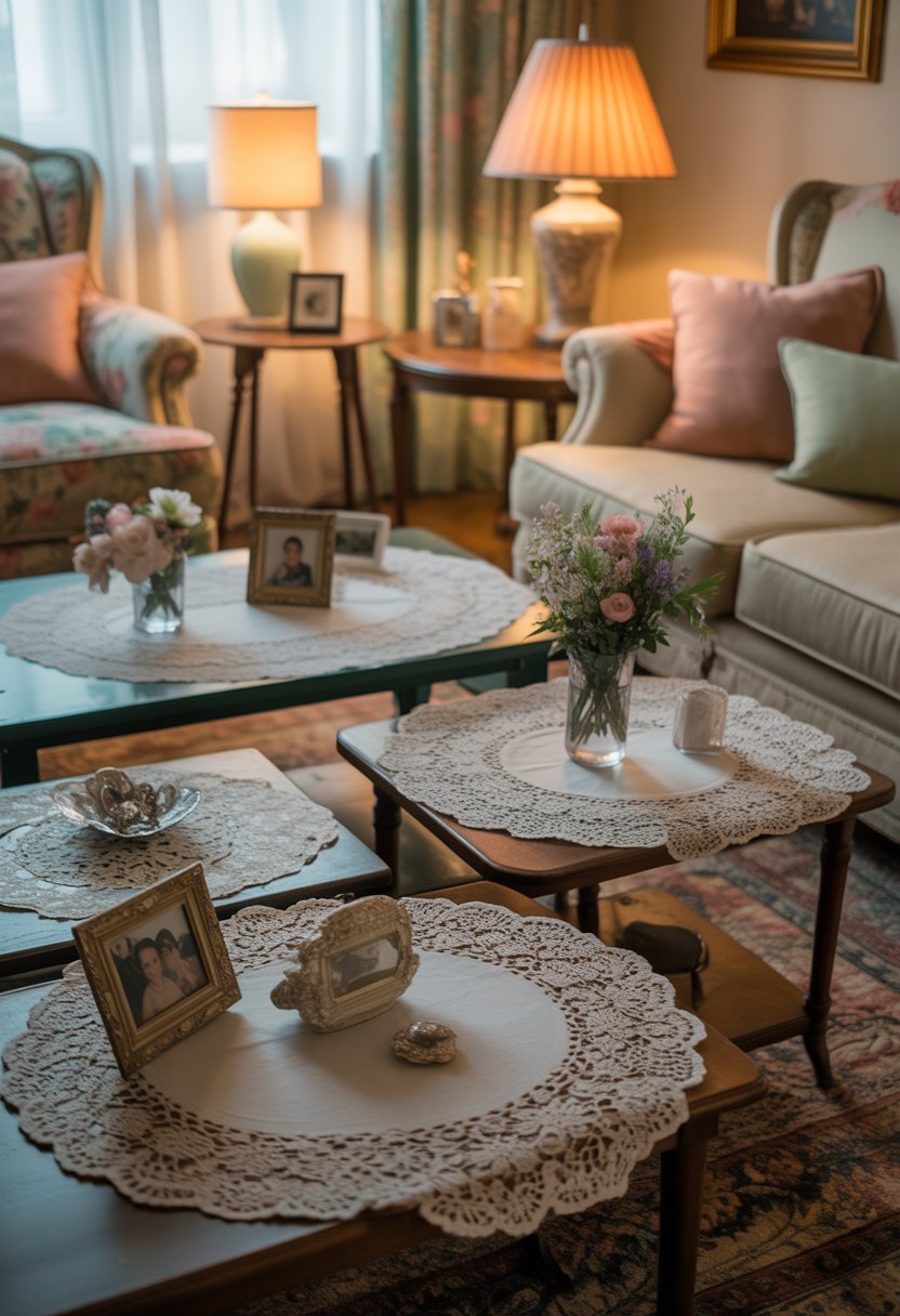 A cozy living room with side tables covered in lace doilies, vintage furniture, and soft natural lighting.