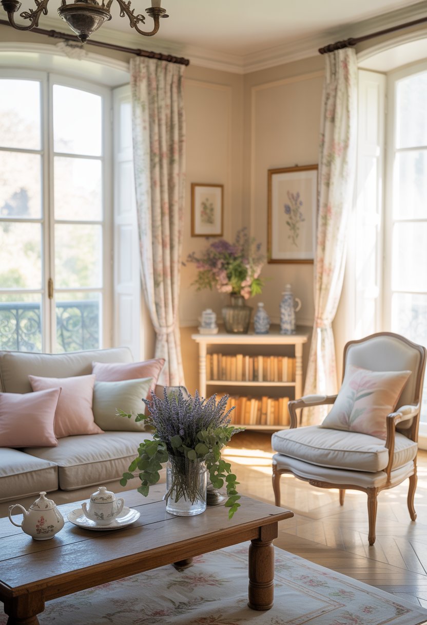 A cozy living room with a beige sofa, wooden coffee table with flowers, a vintage armchair, and large windows letting in natural light.