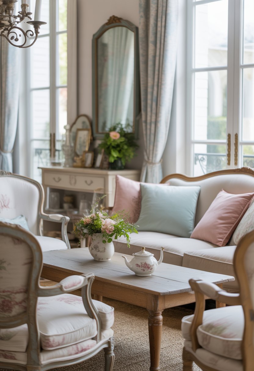 A bright living room with a cream sofa, wooden coffee table with flowers, large windows with sheer curtains, and elegant decorative elements.