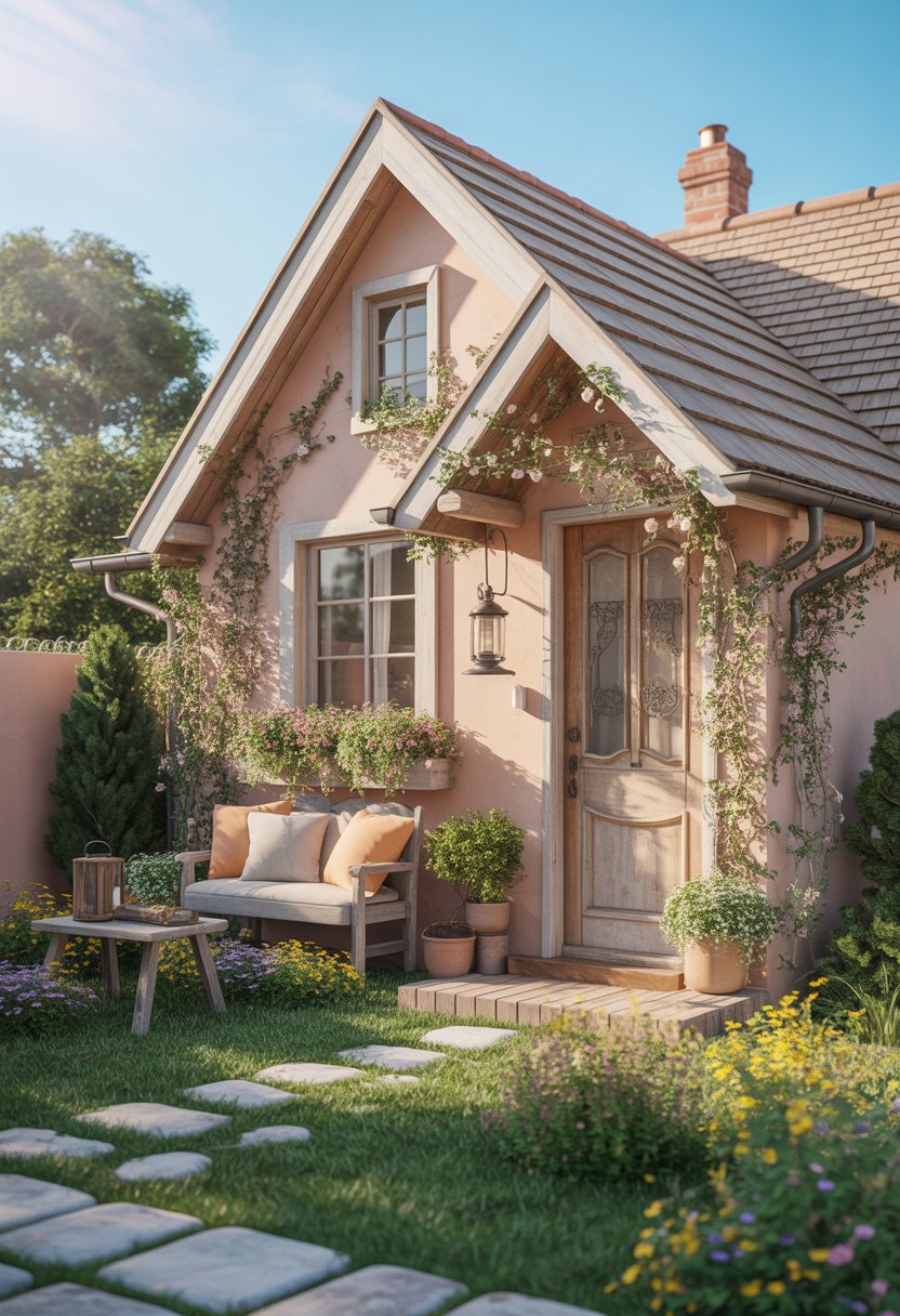 A charming house exterior with a cobblestone path, flowering vines, a wooden door, and a small garden under soft sunlight.