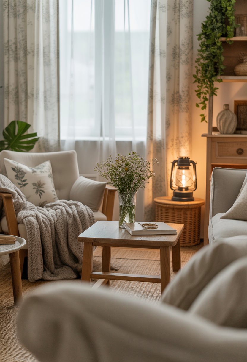 A cozy living room with a plush armchair, wooden coffee table, fresh flowers, sheer curtains, and potted plants creating a warm and inviting atmosphere.