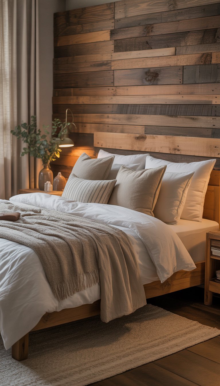 A cozy bedroom with a wooden headboard, soft bedding, and natural light coming through a window.