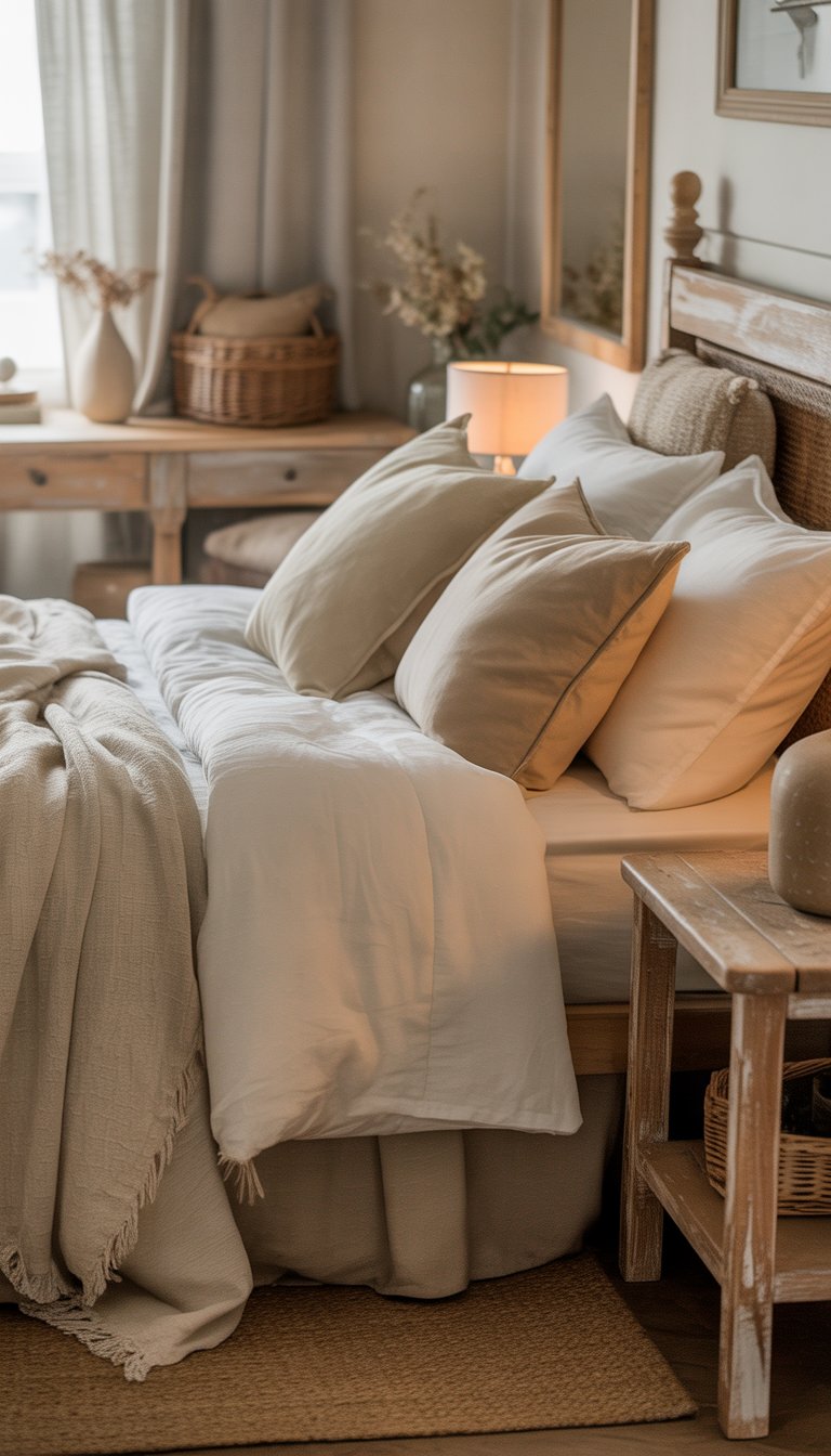 A cozy bedroom with a made bed, wooden furniture, soft lighting, and neutral cream and beige colors.