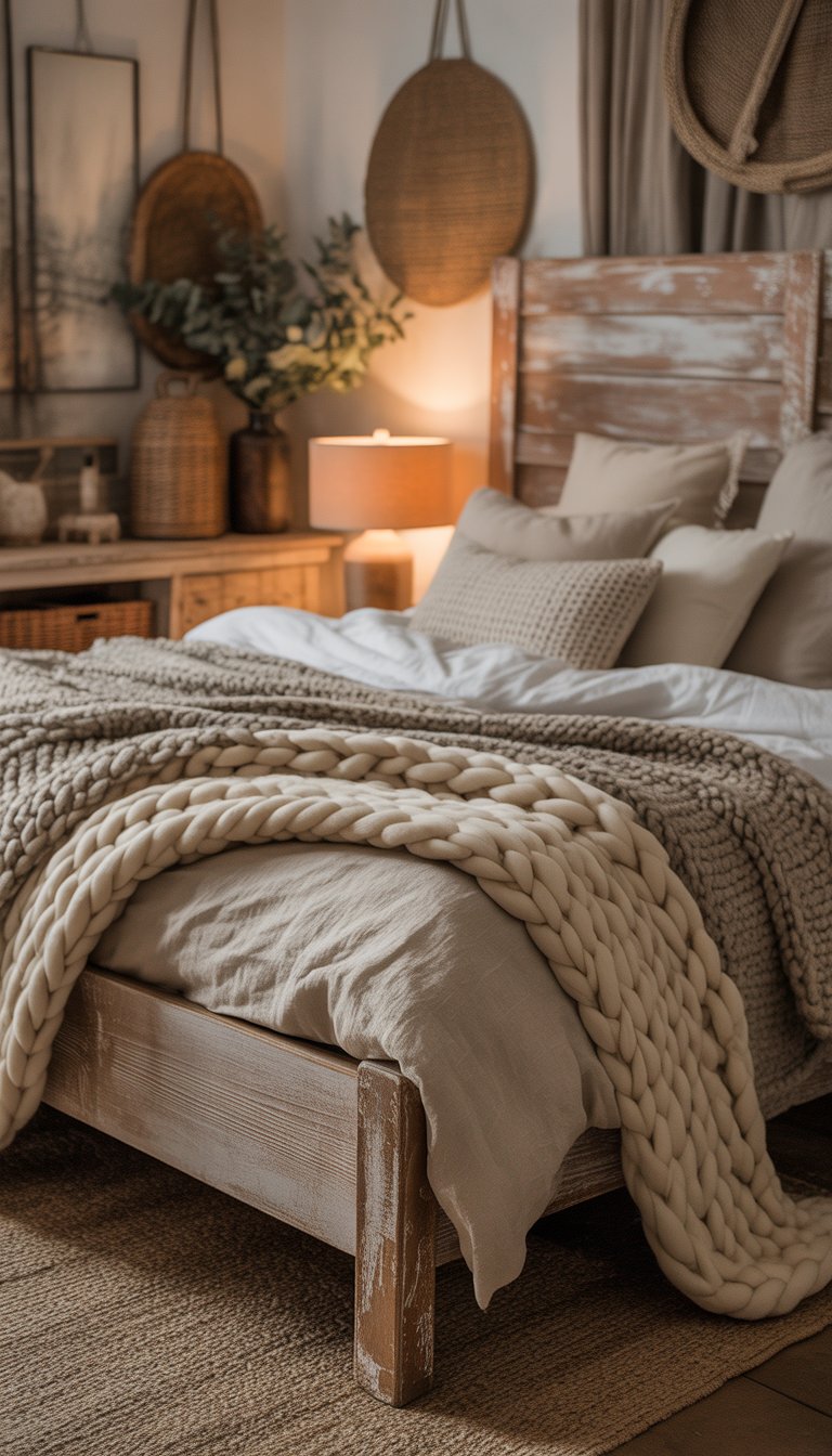 A cozy bedroom with a bed covered in chunky knit blankets and linen sheets, surrounded by wooden furniture and soft lighting.