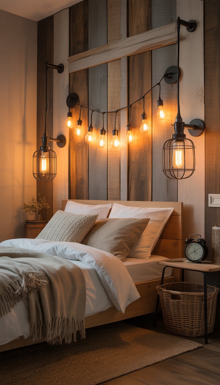 A cozy bedroom with warm glowing Edison bulbs and lantern sconces on wooden walls, featuring a bed with neutral bedding and rustic decor.