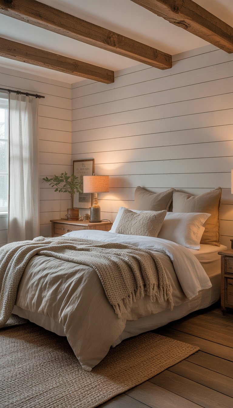 A cozy bedroom with white shiplap walls, wooden ceiling beams, a neatly made bed, a wooden nightstand with a lamp and plant, and natural light coming through a window.