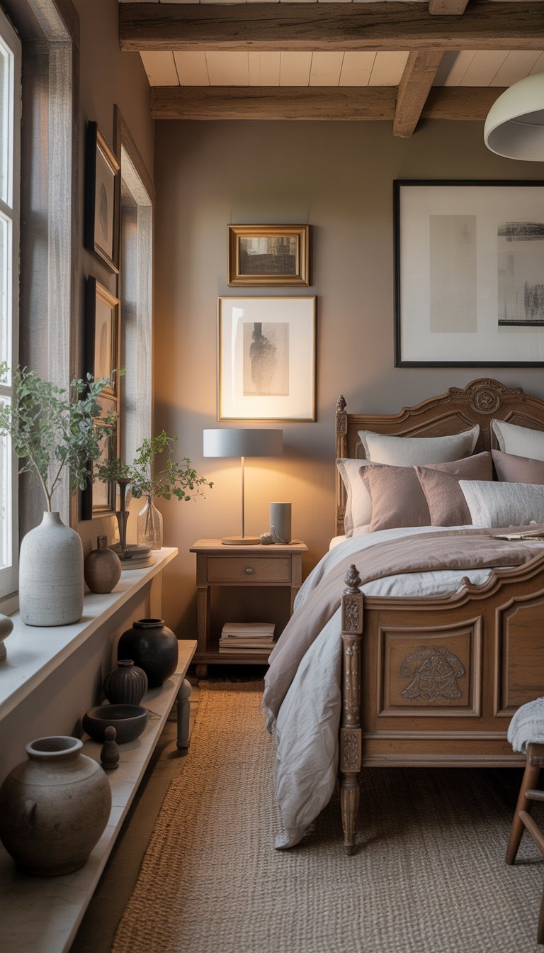A cozy bedroom with a wooden bed, nightstand, soft bedding, a window letting in natural light, and a mix of vintage and modern decor.