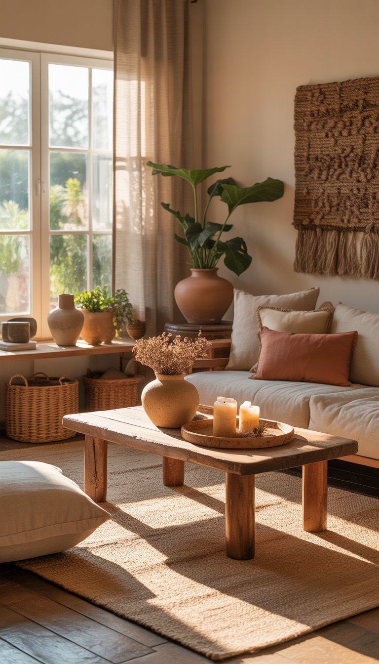 A cozy living room with wooden furniture, green plants, woven baskets, and warm earth-toned cushions and decor.