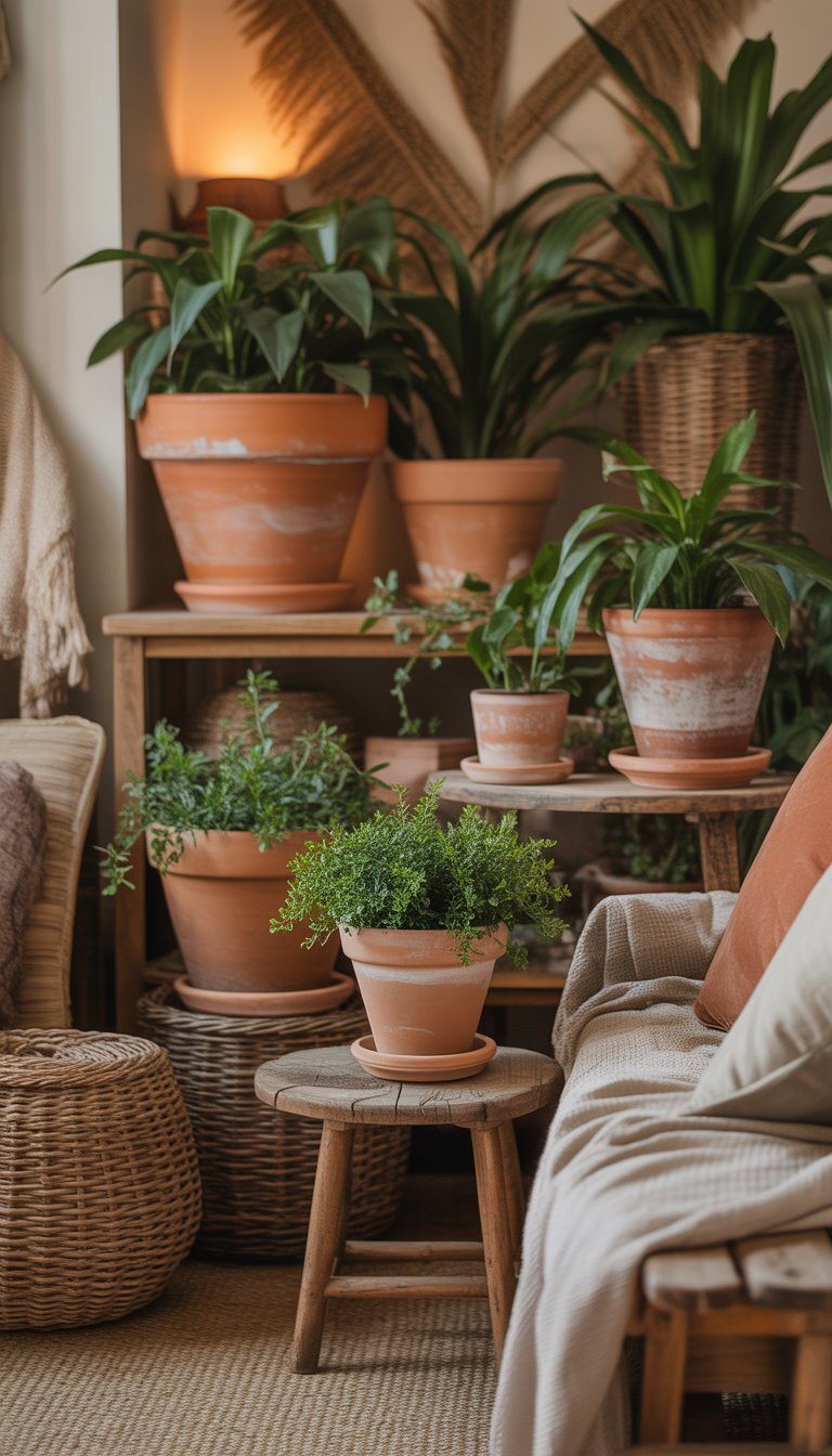 A cozy interior space with terracotta pots holding green plants arranged on wooden shelves and a side table, surrounded by natural decor elements.
