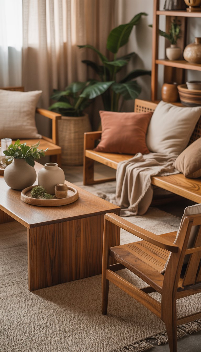 A cozy living room with wooden furniture, green plants, cushions, and natural decor creating a warm and inviting atmosphere.