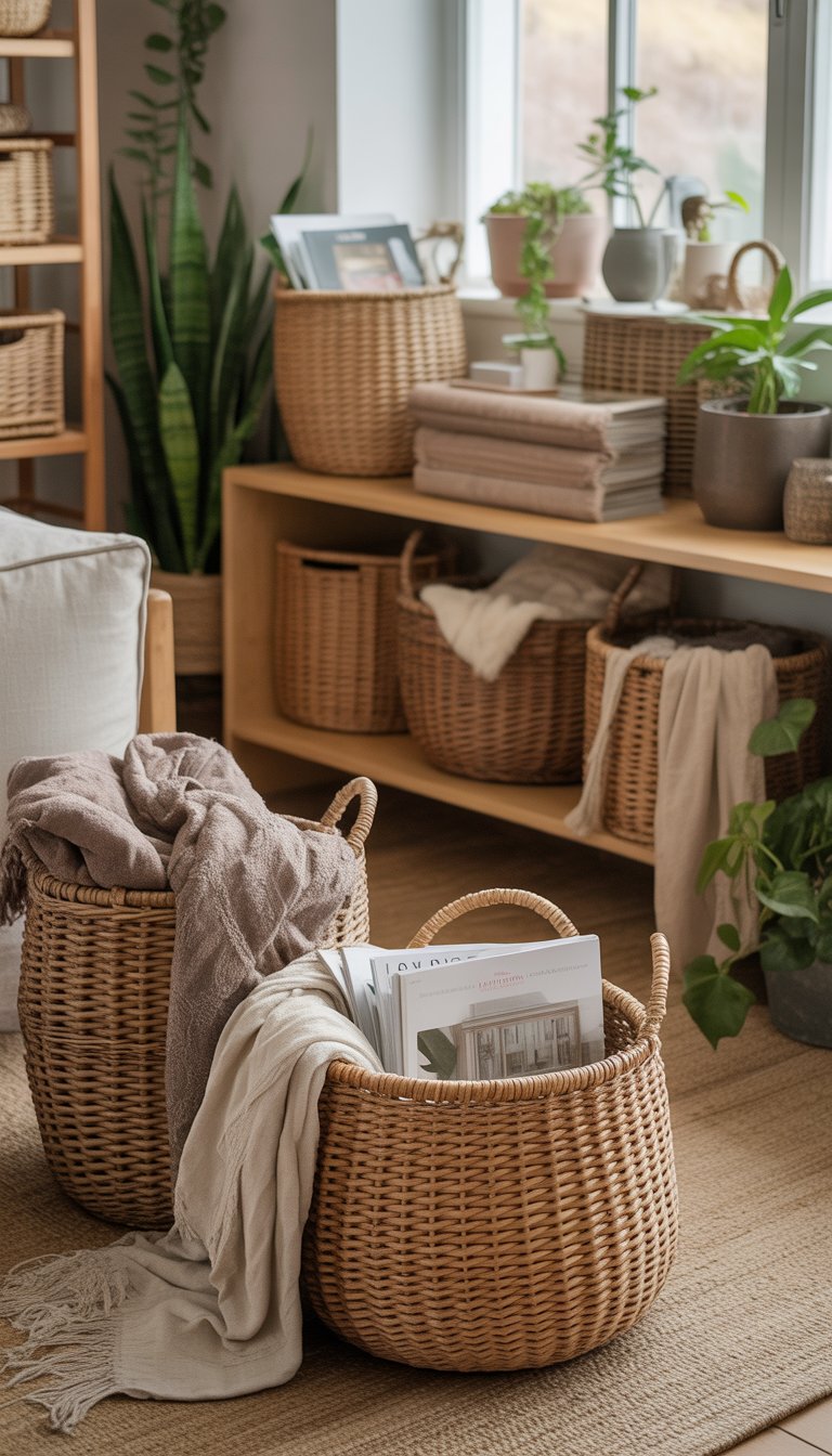 A warm living room with woven baskets used for storage, wooden furniture, plants, and soft natural lighting.