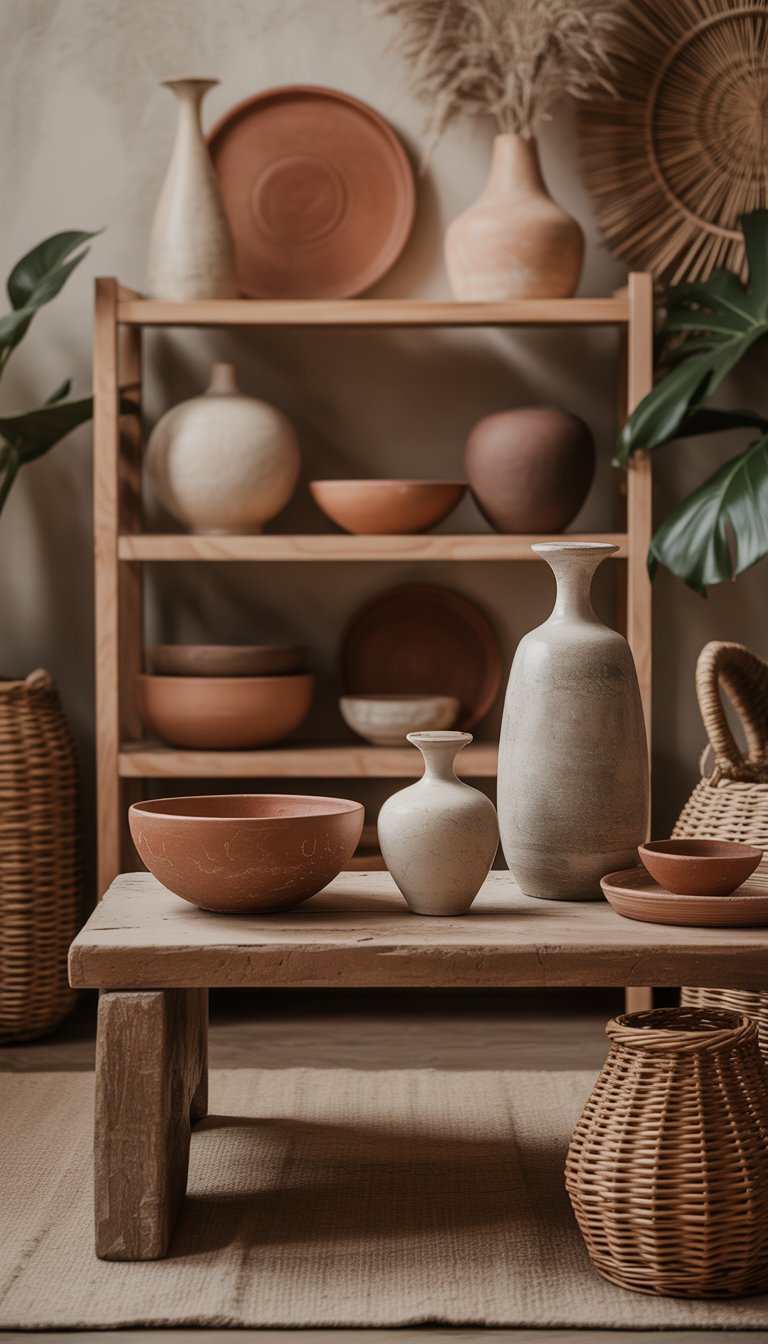 A warm living space with clay and stone bowls and vases displayed on wooden shelves and tables, surrounded by plants and natural decor.