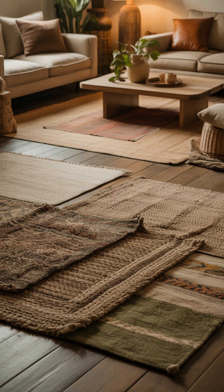 A living room with layered beige, brown, and olive green rugs on wooden floor, surrounded by a sofa, coffee table, and plants.