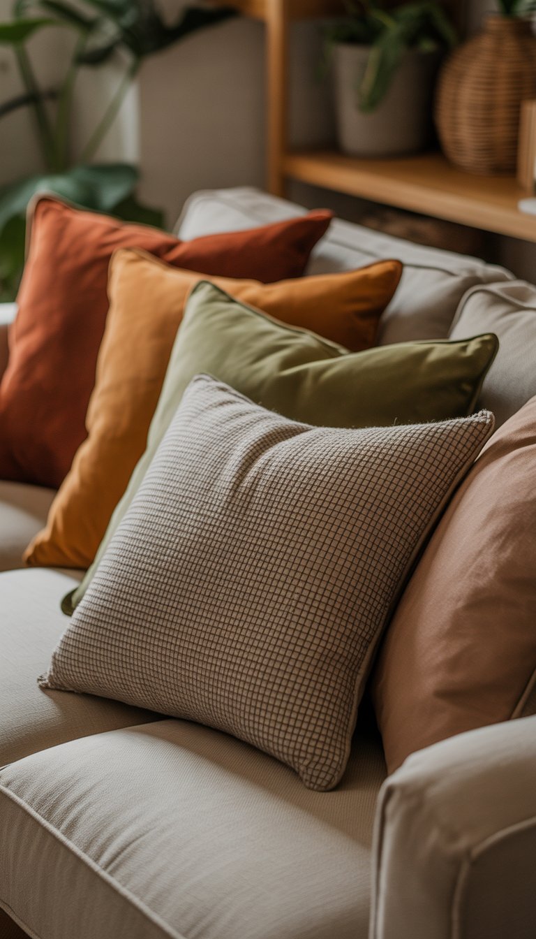A sofa with layered throw pillows in rust, moss green, and taupe colors in a cozy living room setting.