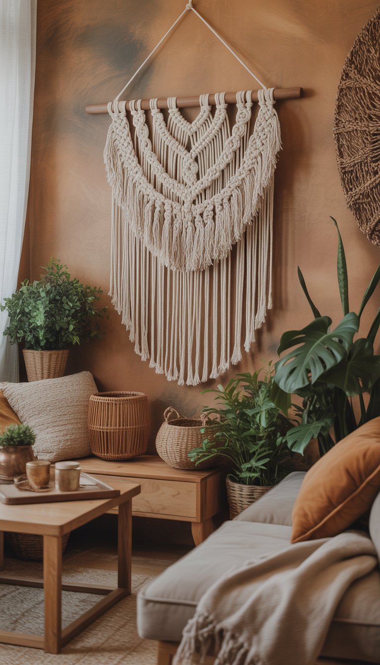 A cozy room with a macramé wall hanging on a warm-colored wall, surrounded by plants and wooden furniture.