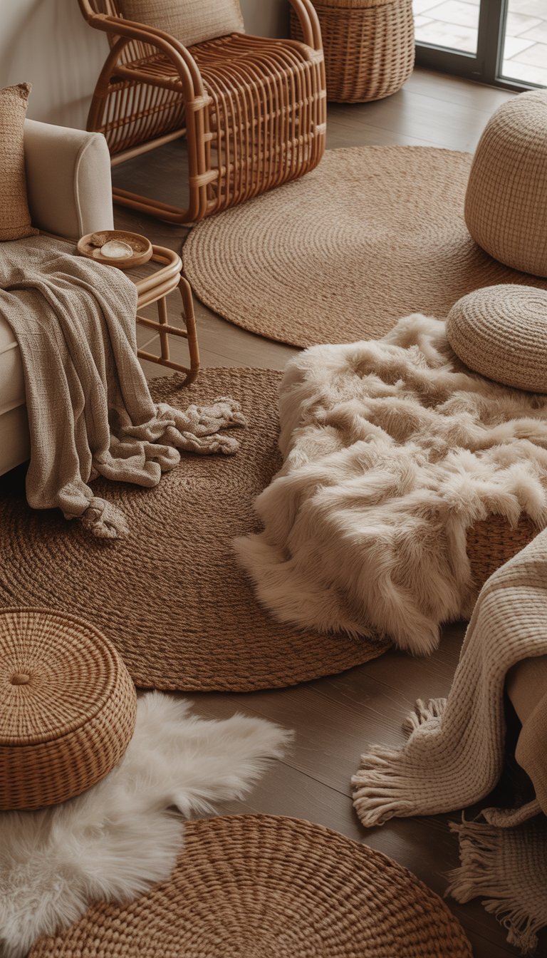 A cozy living space with woven rugs, rattan furniture, and woolen cushions arranged on a wooden floor.