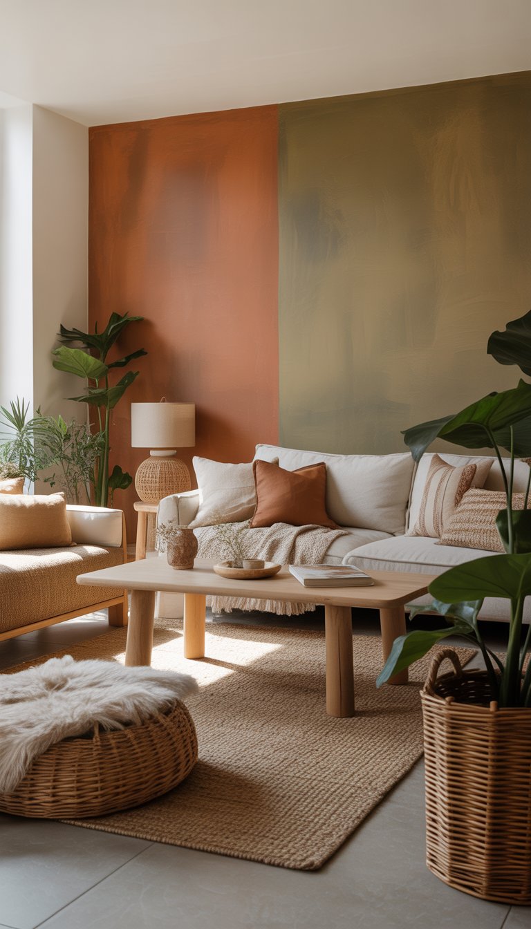 A cozy living room with one wall painted in warm clay or muted olive green, decorated with natural wood furniture, plants, and soft cushions.