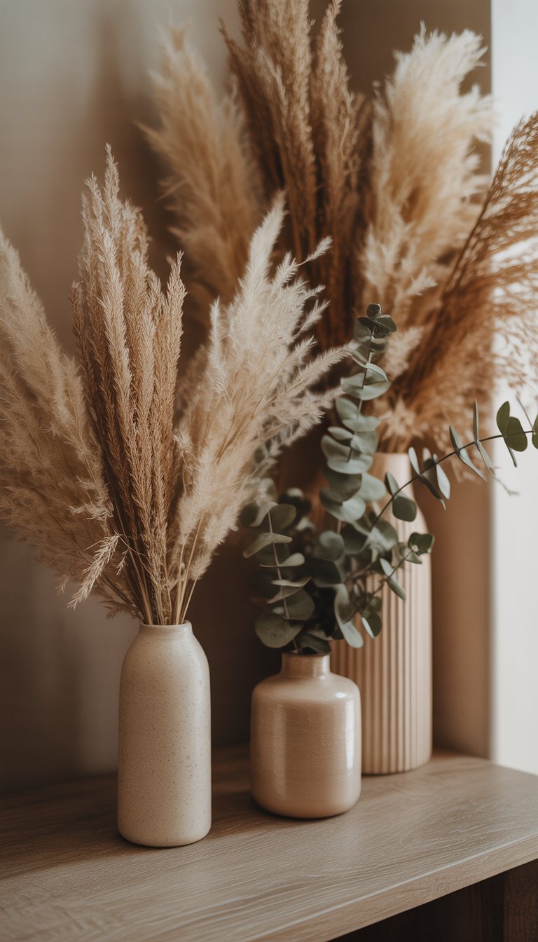 Dried pampas grass and eucalyptus branches arranged in simple vases on a wooden surface.