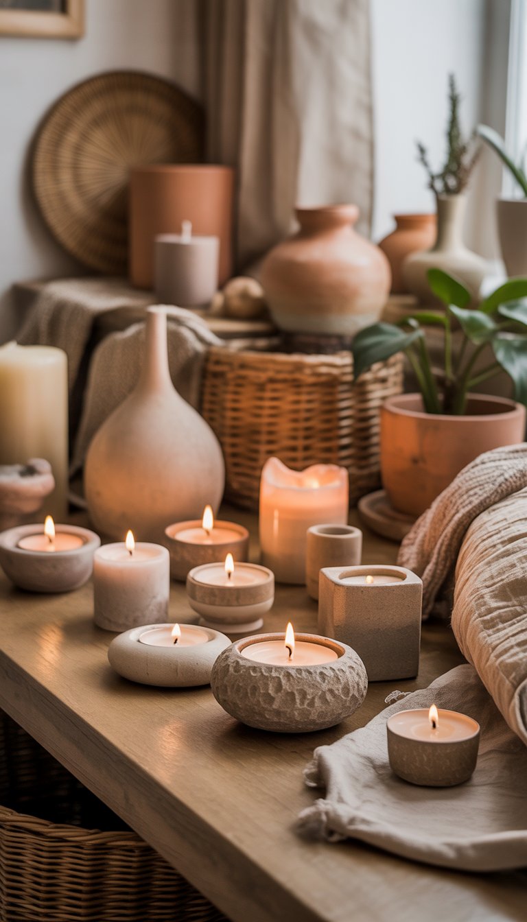 A cozy interior scene with stone and ceramic candle holders on a wooden surface surrounded by plants and natural decor.