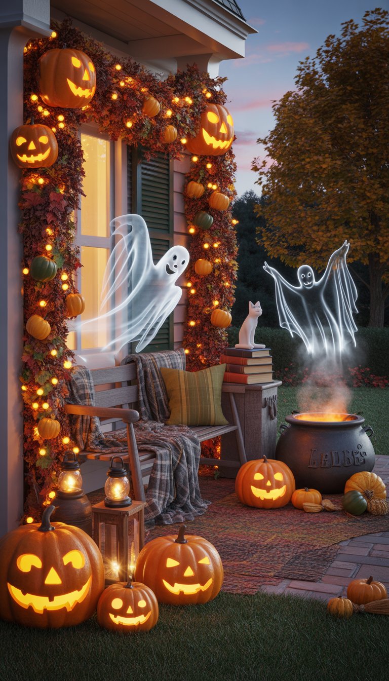 A front porch and garden decorated with glowing jack-o'-lanterns, fairy lights, ghost figures, a black cat statue, and autumn leaves at dusk.