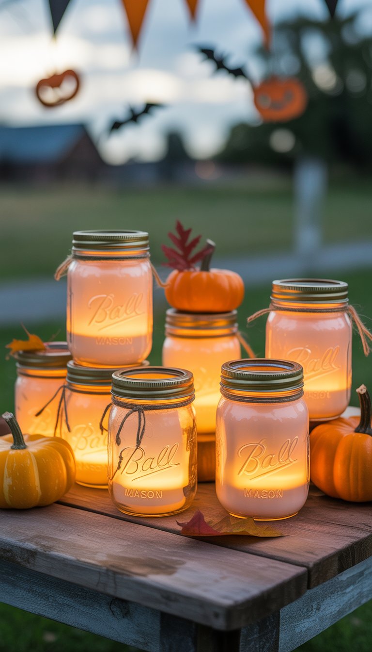 Glowing mason jar lanterns with fake candles on a wooden surface surrounded by autumn decorations and subtle Halloween elements outdoors at dusk.