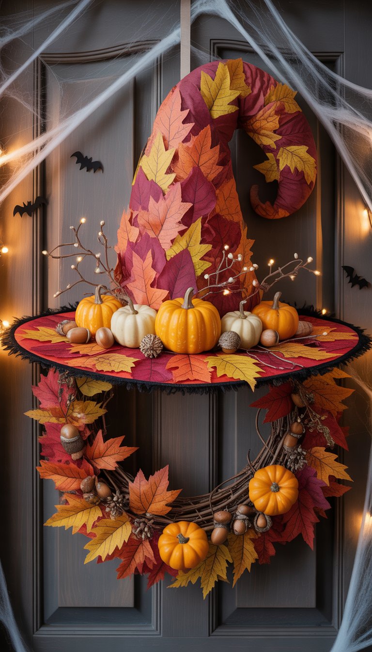 A witch hat-shaped door wreath decorated with autumn leaves, small pumpkins, and twigs hanging on a wooden door.