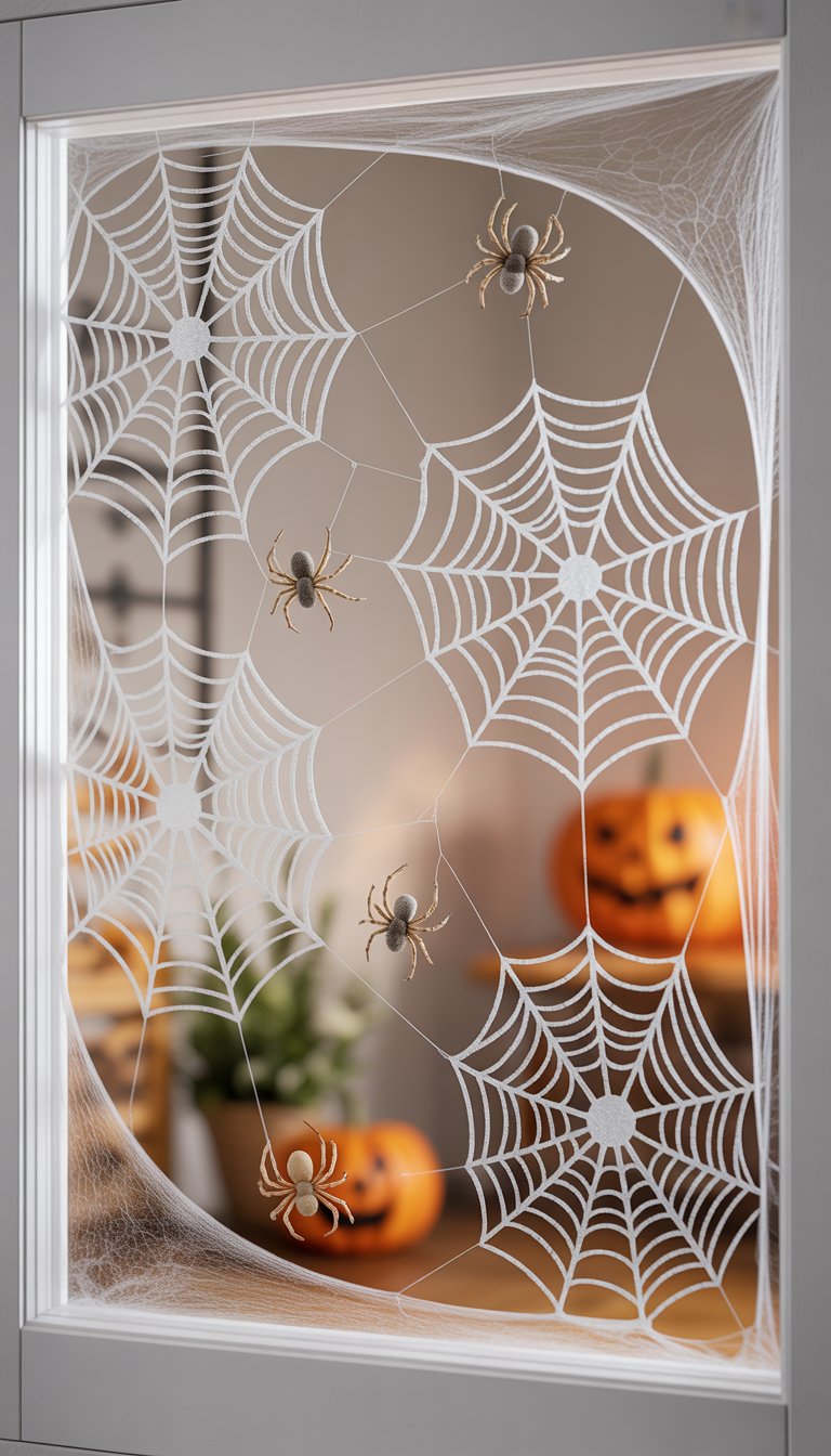 Close-up of a window decorated with spider web clings and small spiders, creating a Halloween scene.