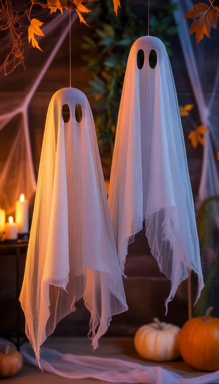 Floating ghost decorations made from cheesecloth hanging indoors with Halloween pumpkins and candles in the background.
