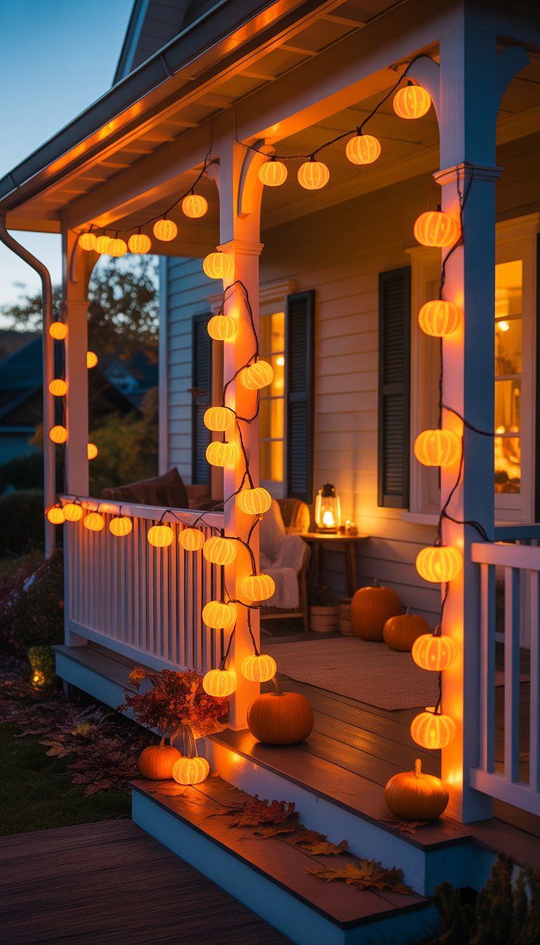 A porch decorated with glowing pumpkin string lights wrapped around the railing, small pumpkins, autumn leaves, and a lantern, creating a warm Halloween scene at twilight.