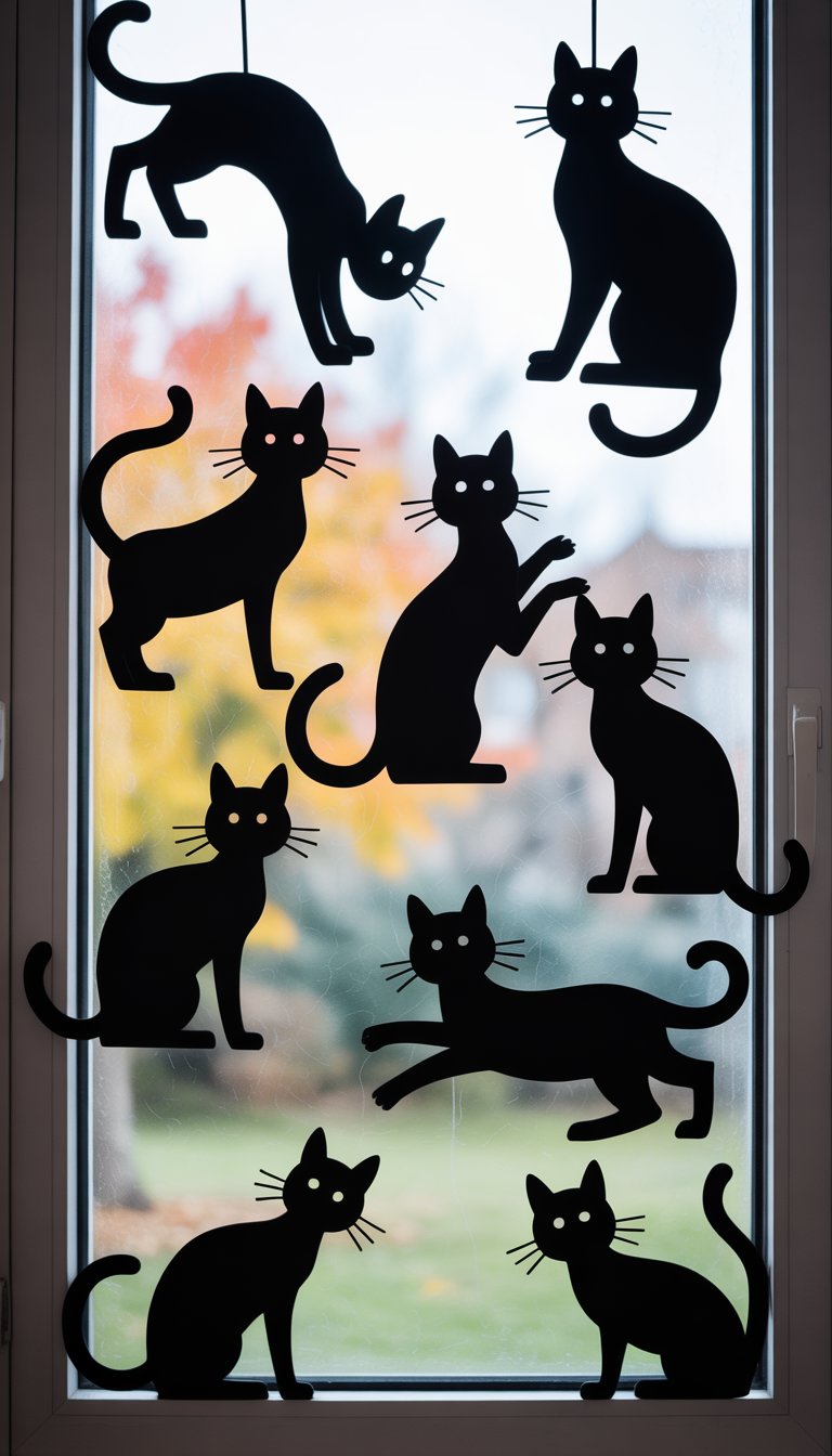 Black cat silhouette cutouts arranged on a window with soft light shining through and autumn leaves visible outside.