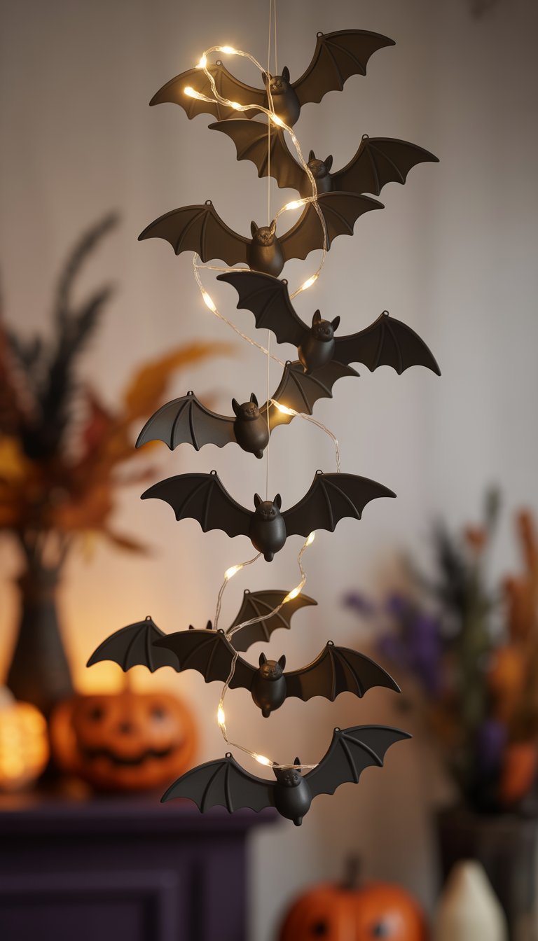 A hanging garland of black bats with warm white LED lights glowing softly against a blurred autumn background.