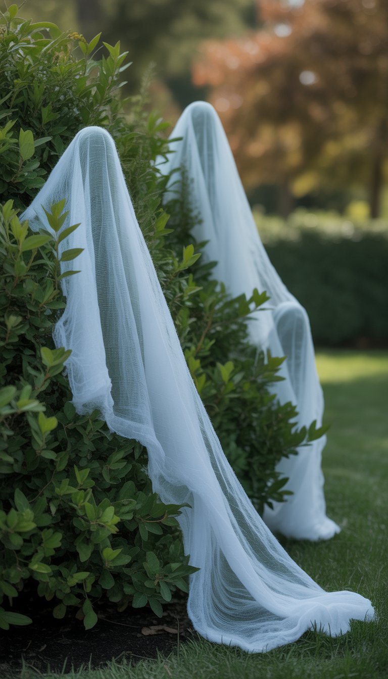 Outdoor green bushes covered with white fabric resembling ghost decorations for Halloween.