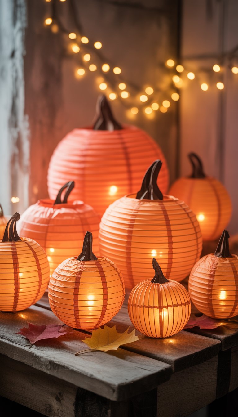 A group of glowing paper lantern pumpkins arranged on a wooden surface with autumn leaves around them.