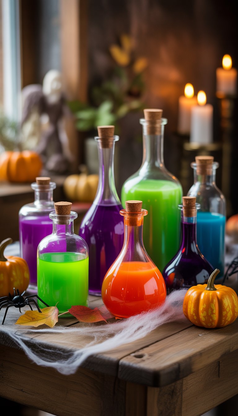 A display of various potion bottles filled with colorful liquids surrounded by Halloween decorations on a wooden table.