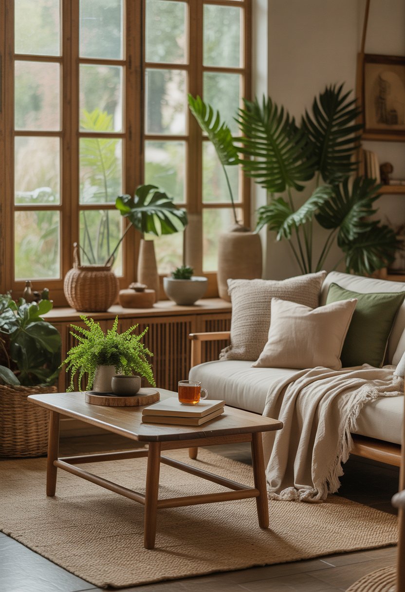 A cozy living room with wooden furniture, green plants, soft cushions, and natural light creating a peaceful and inviting atmosphere.
