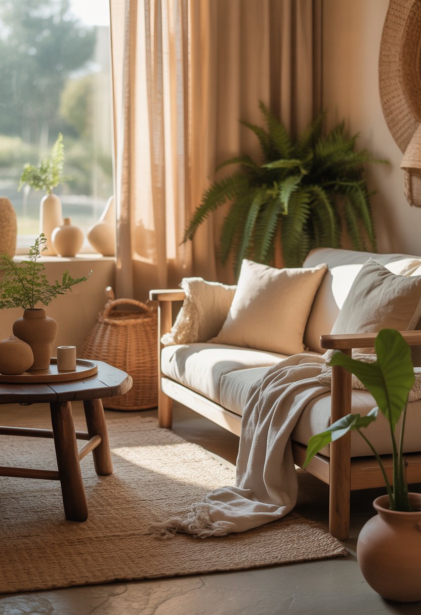 A cozy living room with wooden furniture, indoor plants, and soft natural light creating a warm and inviting atmosphere.