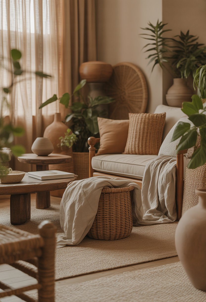 A cozy living room with wooden furniture, woven baskets, plants, and soft natural light creating a warm and inviting atmosphere.