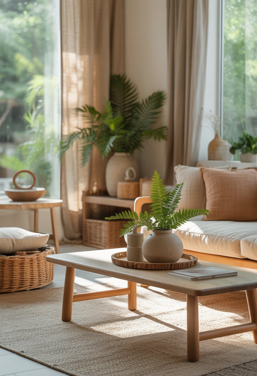 A living room with wooden furniture, green plants, and natural decor creating a calm and inviting atmosphere.